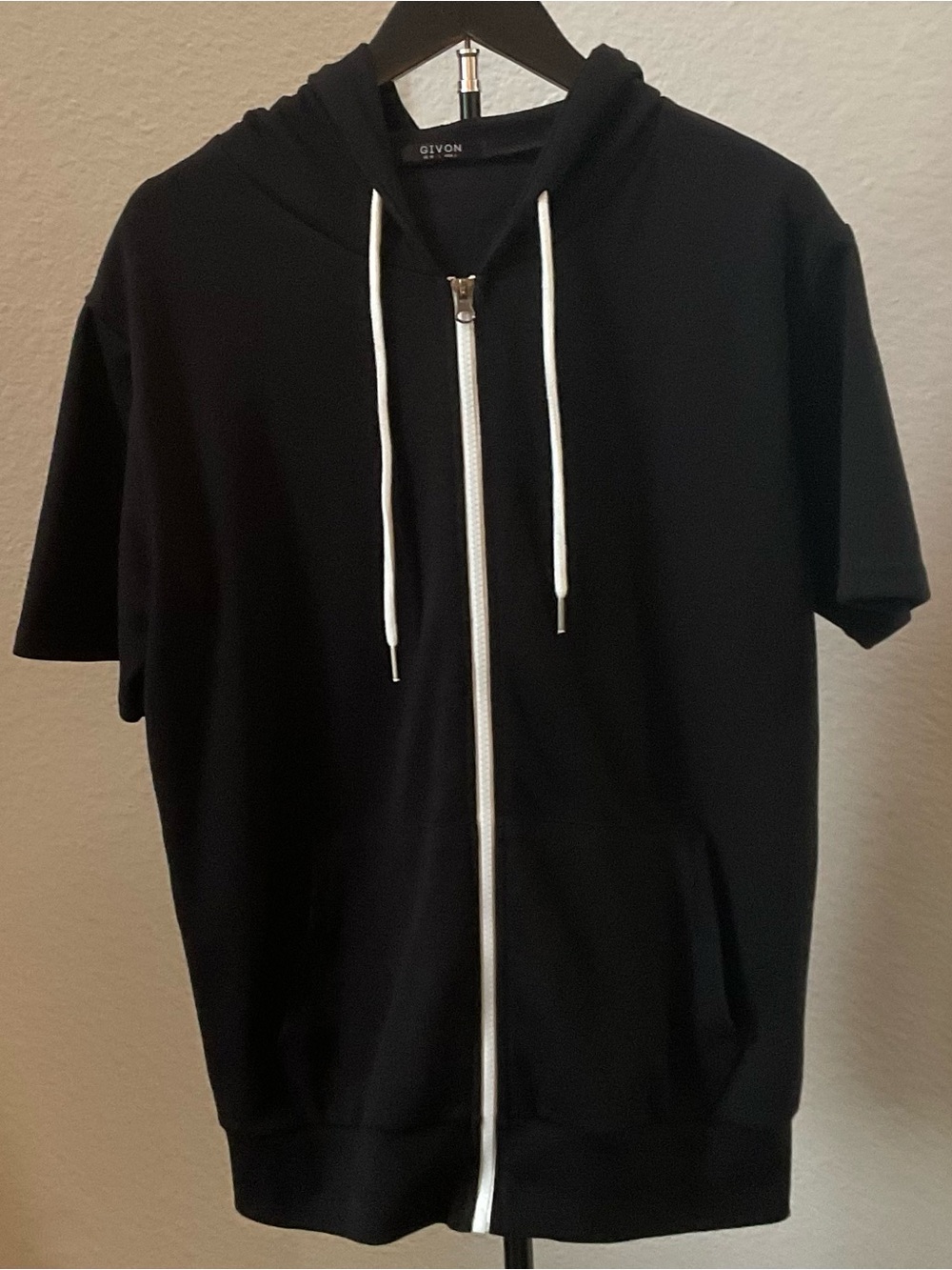 Oxo Black Short-Sleeve Zip Hoodie with White Drawcords